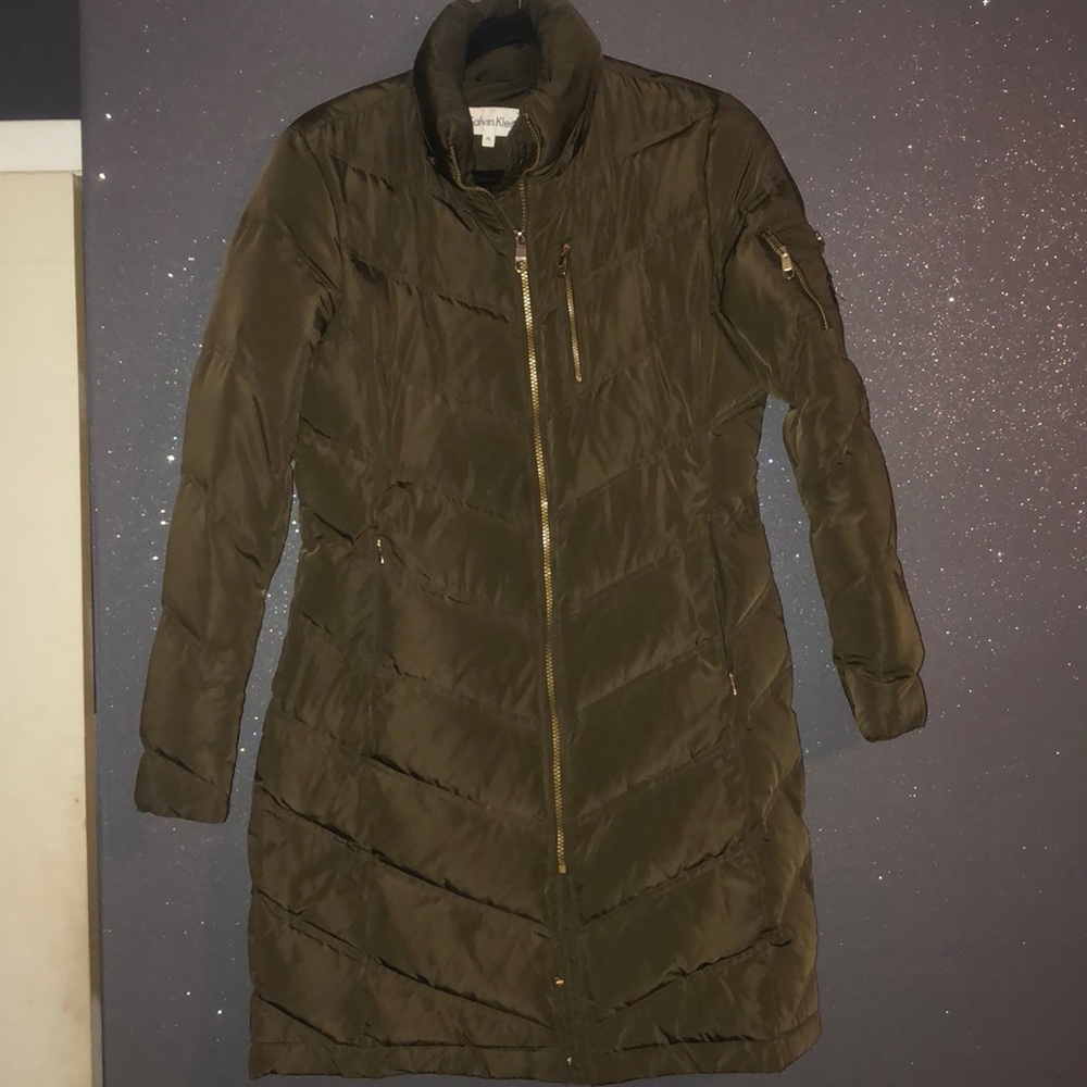 Calvin Klein Green Chevron Long Puffer Coat